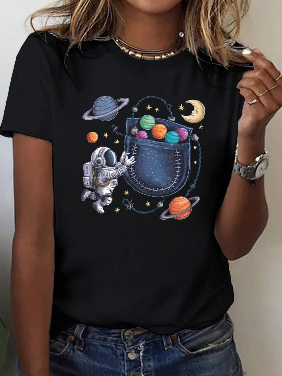 Plus Size Womens 100 Space Themed T Shirt With Astronaut (2) - 黑色14 - 查看 1