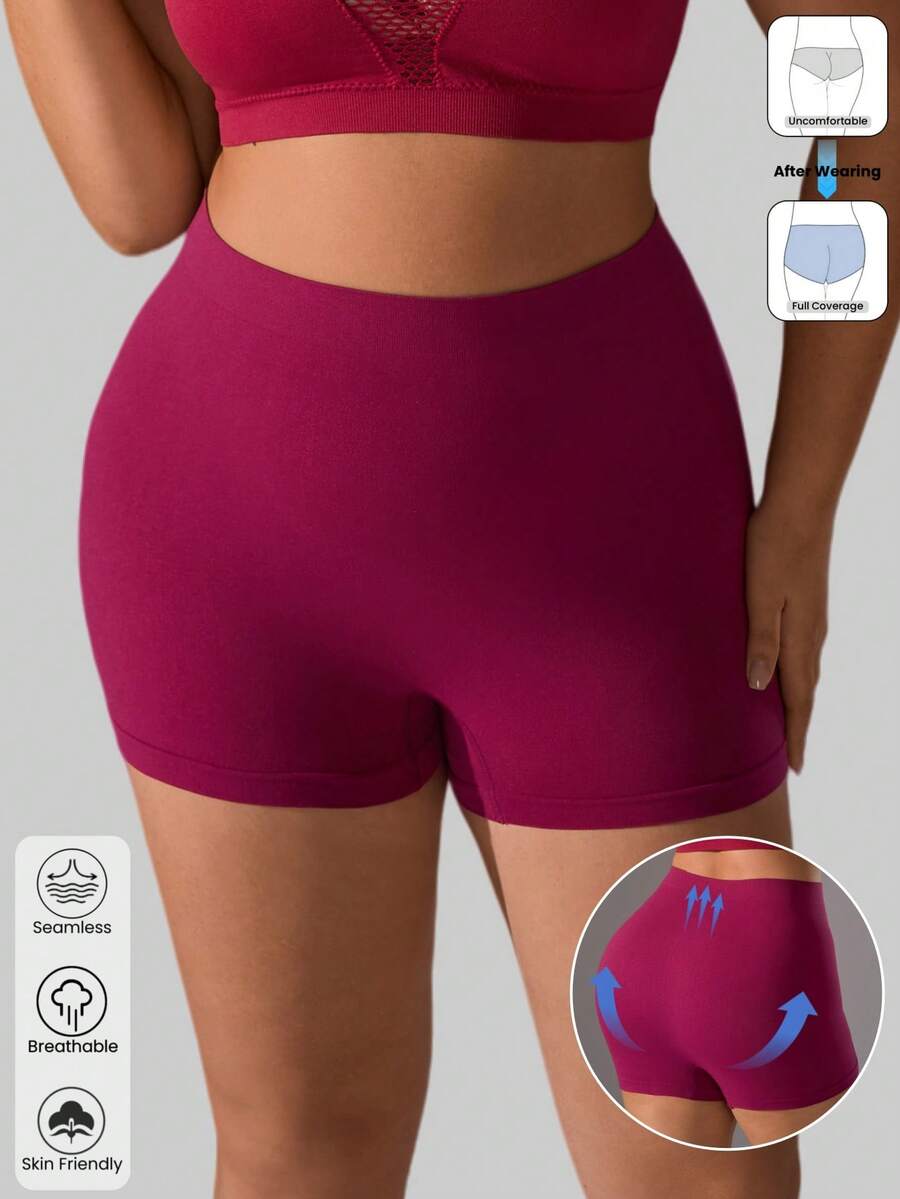 1pc Women Plus Size Solid Color Seamless Yoga Shorts, Quick Dry For Indoor Yoga, Outdoor Running, Cycling, Fitness, Shaping, Lifting - Burgundy - View 1
