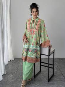 Bộ đồ nữ 2 món, áo dài tay loe cổ chữ V in hoa màu xanh lá cây + quần ống rộng cạp chun màu xanh lá cây trơn, bộ trang phục trang trọng kiểu Ả Rập sang trọng phối màu tương phản, thích hợp cho tiệc tùng, kỳ nghỉ hoặc mặc hàng ngày vào mùa xuân. - Màu xanh Cadet - Xem 6