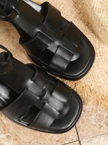 Sandalias de plataforma con tacón grueso y punta abierta para mujer, nuevos zapatos trenzados para primavera/verano, sandalias de plataforma para todo el año, sandalias con punta redonda y correa bohemia con hebilla, tacón grueso casual para vacaciones y exteriores, cómodas y transpirables sandalias de tacón alto con diseño hueco - Negro - Ver 8