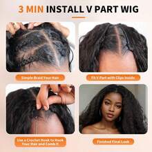 非洲V型分缝蓬松卷发假发，专为设计，无需胶水，发尾卷曲蓬松，合成材质，无需留发片，夹式佩戴。 - 黑色 - 查看 5