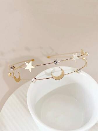 1Pc Retro Elegant Double-Layer Metallic Hairband Star Moon Rhinestone Hair Accessory For New Year Valentine's Day Mother's Day Graduation Party Celebration