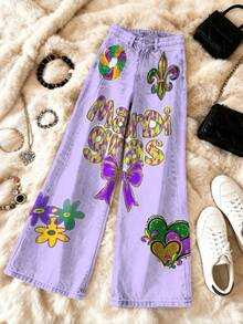 Women's Jeans Imitation Mardi Gras Colors Pattern Print Design Autumn And Winter Pattern, Wearing Classic Denim Wide-Leg Design, Opaque, Straight-Leg - Nhiều màu - Xem 3