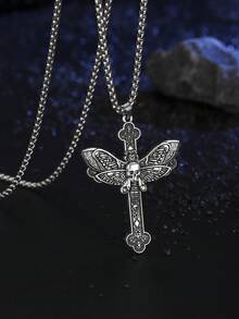 1件欧美哥特复古骷髅十字吊坠项链，男士时尚街头服饰 - 銀色 - 查看 2