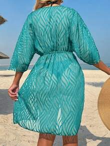 Women's Solid Color Jacquard Off-Shoulder Long Sleeve Beach Cover-Up With Waist Tie Vacation Summer - Mint Blue - View 2