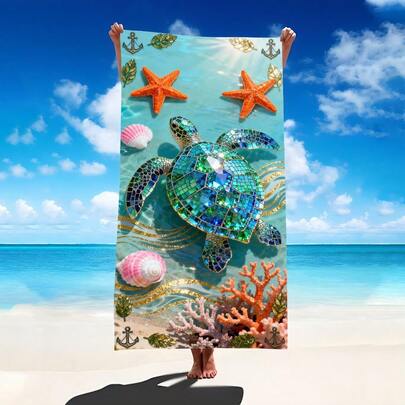 1条玻璃般光滑的海龟图案沙滩巾，超柔软超细纤维特大号沙滩毯，超强吸水浴巾，适合旅行、游泳池、潜水、冲浪、瑜伽、露营等场合，多种尺寸可选，沙滩、泳池、旅行、露营、瑜伽必备用品