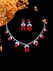 1 Set Red Teardrop Jewelry Set: Necklace + Earrings, Eye-Catching Accessory For Evening Party - Multicolor - View 9