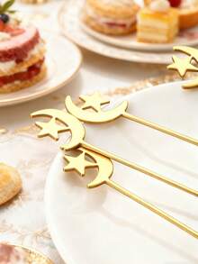 2/4/6/8/12件套不锈钢餐具，月亮和星星图案，适合下午茶和甜点，斋月礼物 - 金色 - 查看 4
