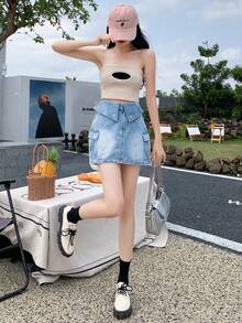 女士夏季休闲束口腰带工装口袋牛仔迷你裙 - 淺色水洗藍 - 查看 6