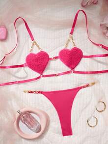 2 Pcs Valentine's Day Gift New Women's Sexy Lingerie Set Adjustable Straps Double Row Of Hooks Metal Chain Connection Heart-Shaped Suede Bra & Waistband Metal Chain Connection Thong Solid Color Comfortable Sexy Underwear Erotic Lingerie Set Three-Piece Bikini Set - Hot Pink - View 4