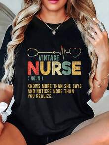Women's Vintage Nurse T-Shirt - 100% Short Sleeve Slogan & Stethoscope Print Tee With "Knows More Than She Says" Nursing Phrases, All-Season Comfort Casual Workwear For Healthcare Professionals, Nurse Apparel Gift - 黑色 - 查看 5