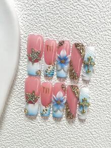 10件套Y2K复古美甲套装，手工渐变蓝色花朵、闪亮水晶星星、十字架、爱心美甲装饰、金色水晶美甲贴纸、裸色和蓝色指甲油，3种尺寸，包含工具包（1张果冻贴纸+1个指甲锉），适合派对、婚礼、日常佩戴，是送给女性和女孩的绝佳礼物。 - 彩色 - 查看 18