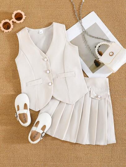 2pcs Girls Fashionable Button Cardigan Vest Paired With Pleated Solid Color Skirt Set