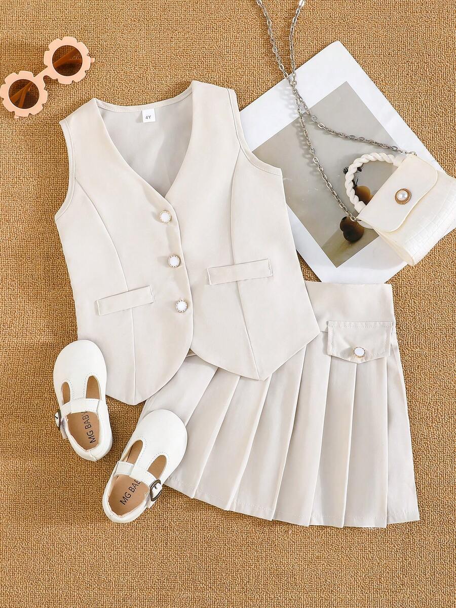2pcs Girls Fashionable Button Cardigan Vest Paired With Pleated Solid Color Skirt Set - Beige - View 1