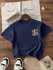 Camiseta de cuello redondo de manga corta con estampado informal para niños preadolescentes, top de verano - Azul Marino - Ver 4