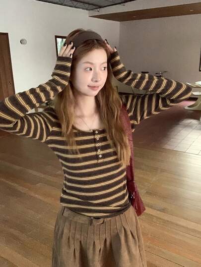 Striped Button Contrast Color Striped U-Neck Long Sleeve T-Shirt, Slim Fit Casual Top For Women (Striped Pattern Random)