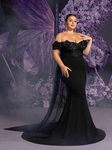 Faeriesty 优雅黑色露肩晚礼服，蕾丝薄纱长款礼服，刺绣花卉紧身胸衣和鱼尾裙摆——完美适用于婚礼宾客、正式晚宴、盛大派对、周年纪念派对 - 黑色 - 查看 8