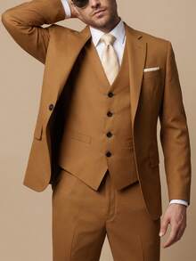 3 Piece Men's Suit, Formal Blazer Vest Pants Modern Fit Office Wedding Event Suits For Men - 駝色 - 查看 5