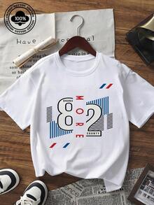 Damen Lässig Kurzarm T-Shirt Vintage Racing Nummer 82 Grafik-Muster Rundhals Tee Streetwear Y2K Sommer Loose Fit Top - Weiss - Übersicht 1