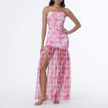 Women's Tube Top Dress Slim Strapless Backless Mesh Patchwork Tropical Leopard Print High Slit Long Dress for Party Club Night - Rosa - Ver 5