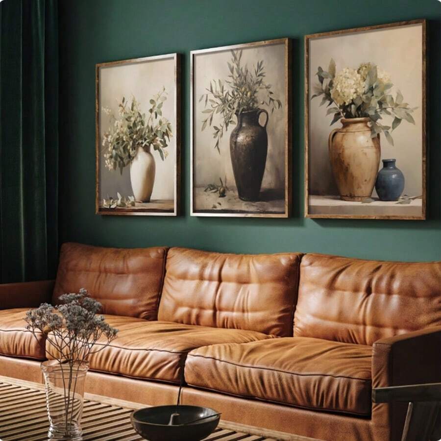 Set Of 3 Retro Olive Tree Hydrangeas Eucalyptus Botanical Art Neutral Wall Art Prints, Vintage Still Life Oil Painting Prints, Floral Art Canvas Posters, Artwork For Living Room, Bedroom, Corrider, Wall Art, Wall Decor, Home And Room Decor, Unframed - Multicolor - View 1