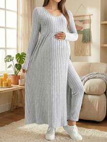 2pcs Maternity Casual Set, Includes Long Sleeve V-Neck Cardigan Top And Belly Support Pregnancy Pants, Comfortable And Fashionable For Pregnancy And Nursing Spring - Grey - View 2
