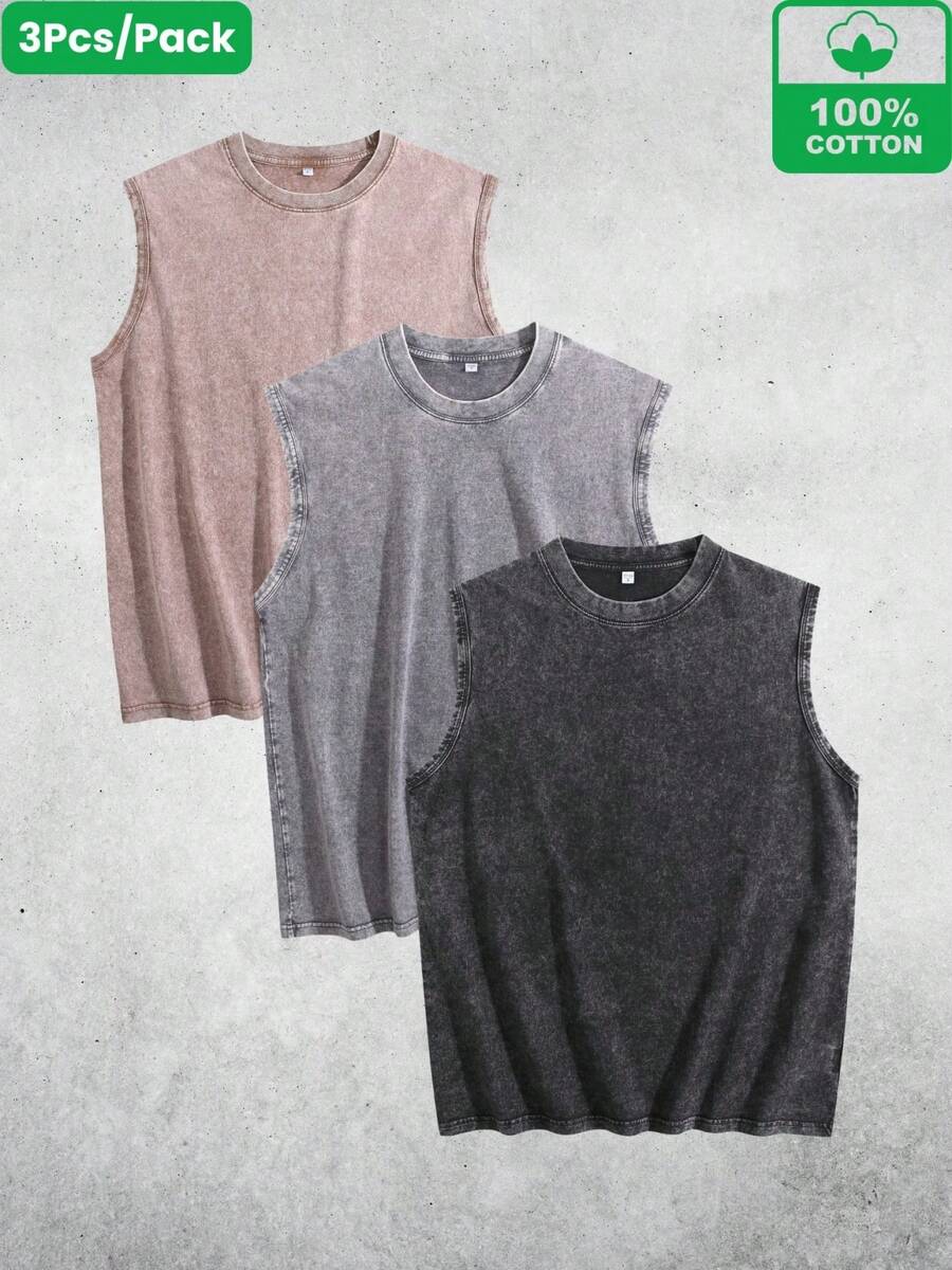 3Pcs/Set Men's Solid Color Vest, Retro Acid Wash Style, 100% Cotton Sleeveless Tank Top, Crew Neck Loose Fit, Breathable Fabric For Gym Or Running, Men's Outdoor Clothing, Gift For Boyfriend - Coffee+Grey+Black - 查看 1