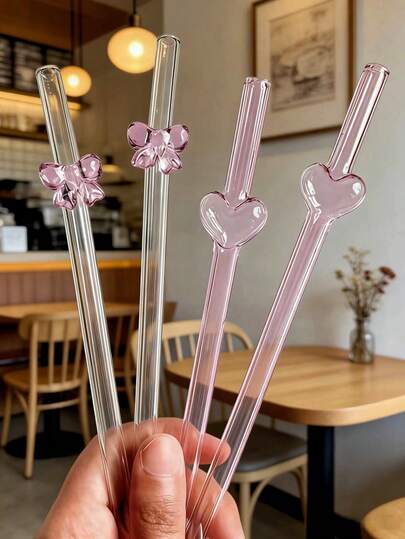 1/3PCS Valentine's Day Pink Heart & Bow Glass Straw Set – 20oz Reusable Straws For Smoothies, Tea, Juice & Cocktails | Perfect Gift For Her, Ideal For Dessert Shops, Cafes, Bars & Parties