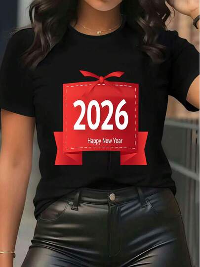 Women's 2026 Happy New Year Graphic Print T Shirt Short Sleeve Crewneck Casual Top Tee For Holiday Party Daily Wear White Tshirt