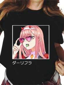 Anime Darling In The Franxxs Zero Two Print T Shirt Men Women Fashion Casual Streetwear Short SLeesve Plus Size Unisexs - 黑色 - 查看 1