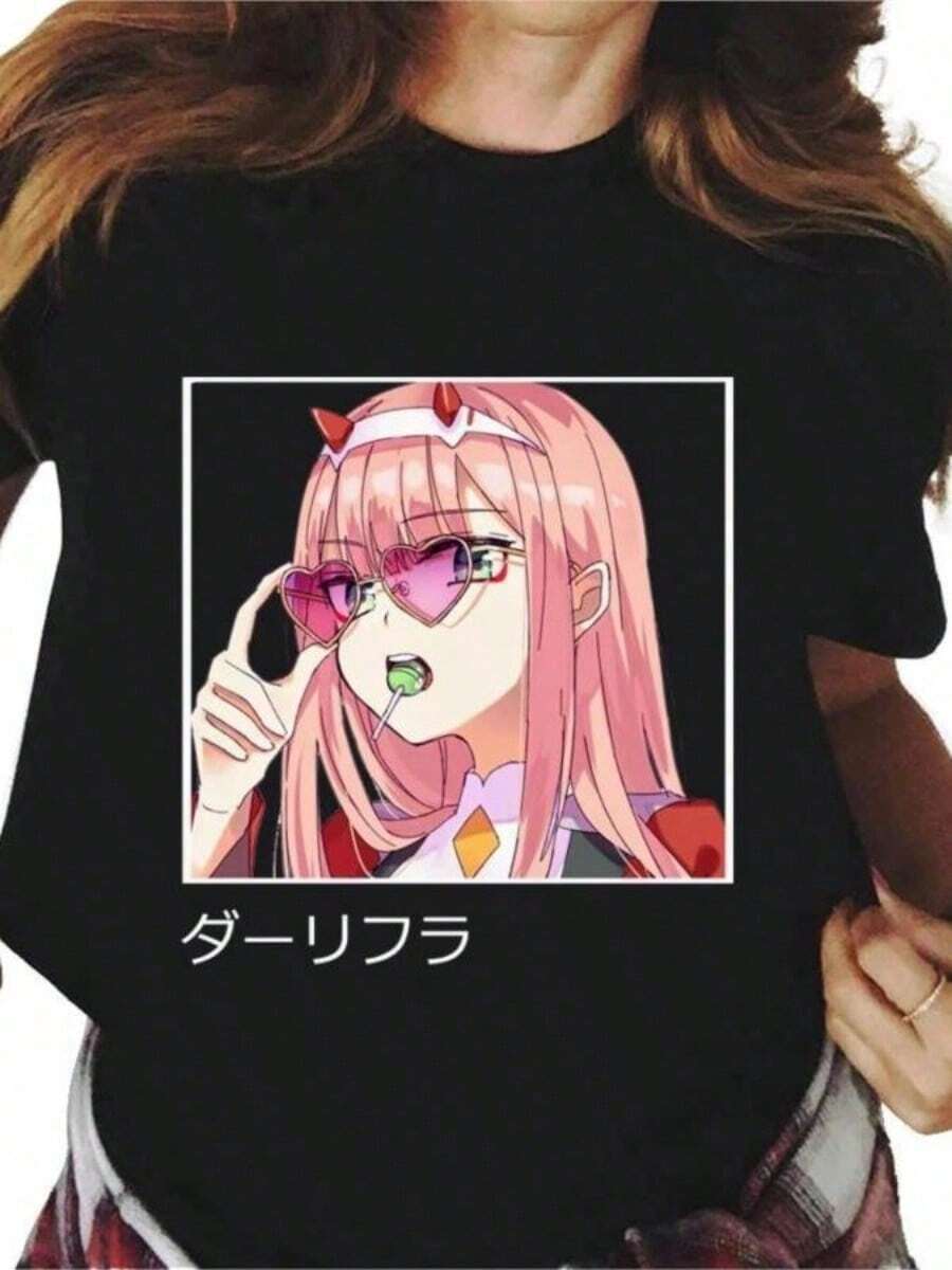 Anime Darling In The Franxxs Zero Two Print T Shirt Men Women Fashion Casual Streetwear Short SLeesve Plus Size Unisexs - 黑色 - 查看 1