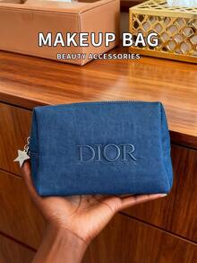 Dior Bolsa de cosméticos negra, estuche para lápices, bolsa de almacenamiento, bolso de mano, terciopelo con lentejuelas de lienzo - Azul - Ver 1