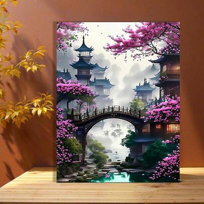 A Canvas Art Print Featuring Traditional Japanese Architecture And Cherry Blossoms, Suitable For Bedrooms, Living Rooms, Rooms, Farmhouses, Hotels, And Cafes. This Unframed Wall Art Poster Is Available In Various Sizes.