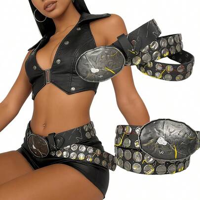 男女通用朋克摇滚亚文化涂鸦喷绘不对称铆钉多功能个性化腰带