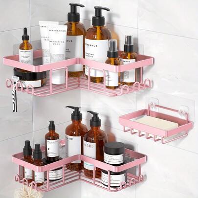 3-Pack Corner Adhesive Shower Caddy With Soap Holder & 12 Hooks - Rustproof Stainless Steel No-Drill Wall-Mounted Bathroom Organizer, Space-Saving Embedded Shelves For Shower Storage, Durable Painted Finish