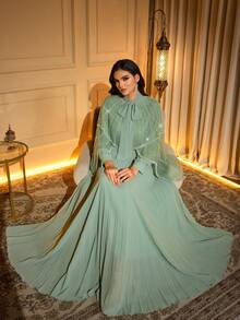 Elegant Women's Pleated Maxi Dress With Beaded Pearl Cape And Round Neck Long Sleeves Non-Stretch Fabric For Special Occasions - Mint Green - View 3