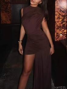 Solid Color Elegant Asymmetric/Asymmetrical Ruffle Slit Formal Evening Wedding Dress Summer - Brown - View 3