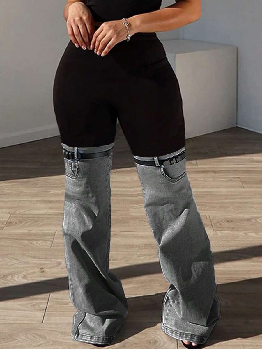 Y2K Streetwear Patchwork Wide Leg Pants For Women High Waist Stretch Black Top With Washed Denim Flared Bottom And Decorative Belt Straps - Xám - Xem 1