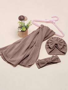 3pcs/Set Upgraded 1-6 Months Baby Swaddle Blanket Set, Newborn Swaddle Wrap Jacquard Blanket Set With Bowknot Headband, Unisex Baby Shower Gift, All Season