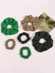 6pcs Multi-Color (Khaki, Dark Green, Turquoise) Fabric Casual Scrunchies Set, High Elasticity Fashion Hair Ties For Women - Multicolor - View 3