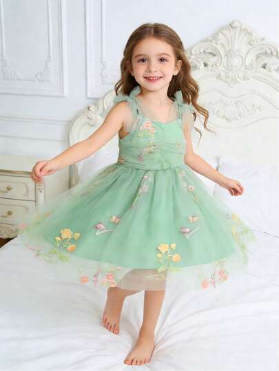 1pc Young Girl Cute Luxurious Sweet Princess Floral Butterfly Embroidery Tulle Tutu Dress With Butterfly Strap Decor, Party Formal Dress For Birthday, Holiday, Celebration, Suitable For All Seasons