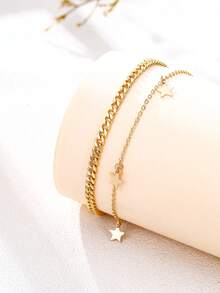 2pcs/Set Anklet: Gold Chain With Small Pendant + Multi-Layer Gold Textured Chain With Flat Cross Pendant And Star Charm, Unique Original Women Foot Jewelry Gift - Yellow Gold - View 3