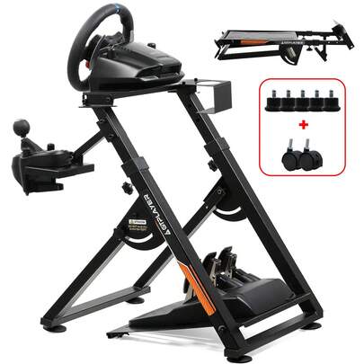 Lenkradständer für Lenkrad Gaming Wheel Stand Racing Lenkradständer mit V1 V2 Schalthebelhalterung, integriertem Getränkehalter, neigungsverstellbarem Gestell