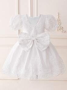 Young Girls Round Neck Faux Pearl Embroidered Tulle Elegant Wedding Princess Dress Suitable For Ball, Fabric Pattern Randomly Cut, Headband Not Included - White - View 6