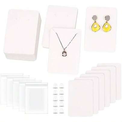 Swpeet Kit de 550 piezas de 3 colores de tarjetas de exhibición de aretes, tarjetas de papel kraft cuadrado de 8.9x6.1 cm blanco y negro con respaldos para aretes y bolsas autoadheribles para