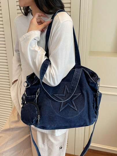 Tela vaquera desgastada, estilo retro y casual, nueva bolsa de tela vaquera de gran capacidad y multifuncional, bolso de mano para mujer, decoración de estrella de cinco puntas tridimensional, monedero redondo desmontable con pequeña bolsa colgante, estilo relajado, cierre de cremallera, adecuado para uso casual diario, escuela, viajes ligeros, compras, oficina, viajes cortos y salidas.