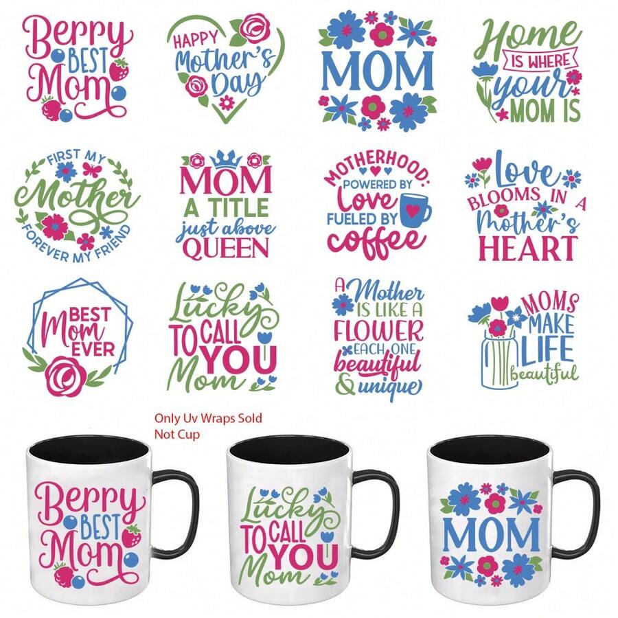 Bộ 12 miếng dán hình trái tim và hoa, thiết kế "BEST MOM" (Mẹ yêu quý nhất) nhân Ngày của Mẹ, decal chuyển nhiệt UV DTF, với họa tiết hoa nhiều màu sắc và khả năng chống trầy xước 3D, decal vinyl, thích hợp dán lên cốc thủy tinh, ly, tủ lạnh - Decal chất lượng cao, nhãn dán nghệ thuật DIY. - Nhiều màu - Xem 1