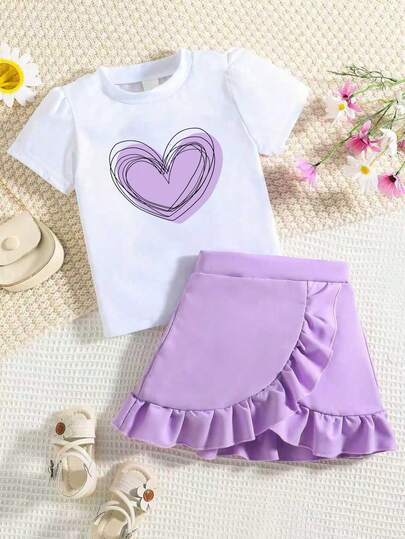 Young Girl Summer Cute Heart Print Short Sleeve T-Shirt And Solid Color Ruffle Hem Skirt Set