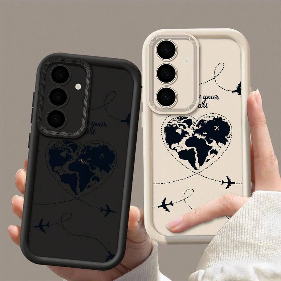 Funda para móvil: Funda para for for Galaxy S24/S25 Ultra/S23/S22/S21/S20 y A55/A54/A35 5G - Cubierta suave moderna con protección de lente, antiarañazos y resistente a impactos, diseño "The Plane Love Route Sketch - Caqui - Ver 1