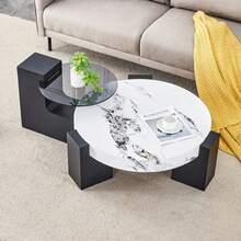 Modern, Simple Round Side Table With Two Levels – Transparent Grey Glass Top And Black MDF In An L-Shape. Marble-Effect Tabletop. Disassemblable Design For More Flexible Room Use. - 黑與白 - 查看 6